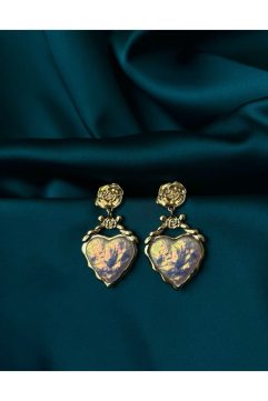 Gül Motifli Opal Kalp Küpe